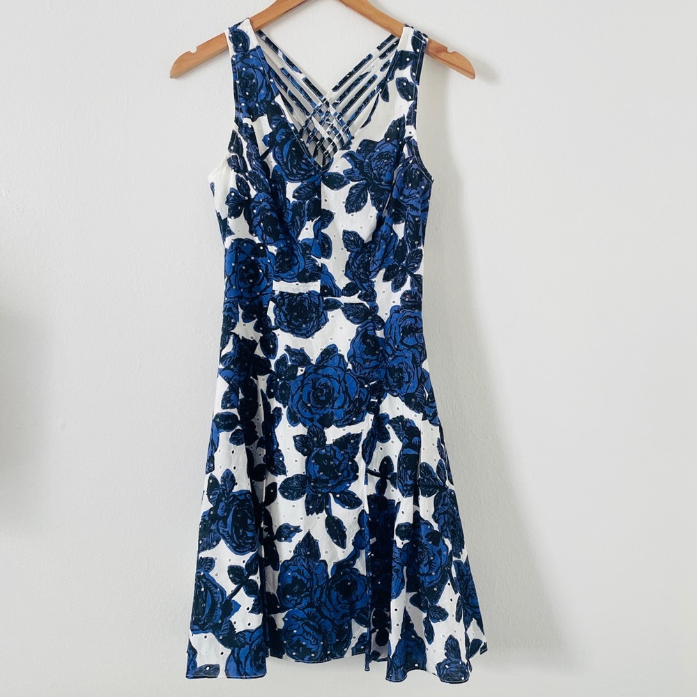 Adrianna Papell White Dress with Blue Floral Sequin Detail